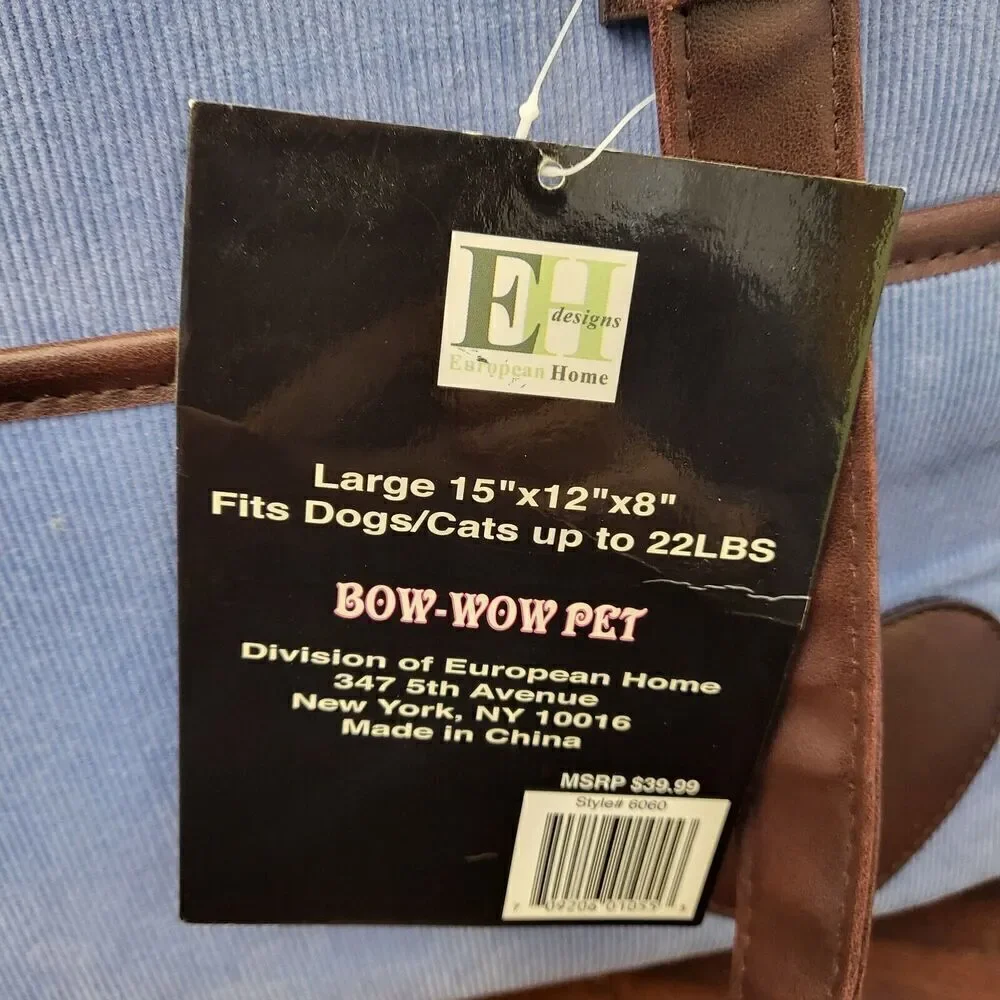 Bow-Wow Pet Carrier Large 15” x 12” x 8” Pets Up to 22lbs Blue Corduroy Unused